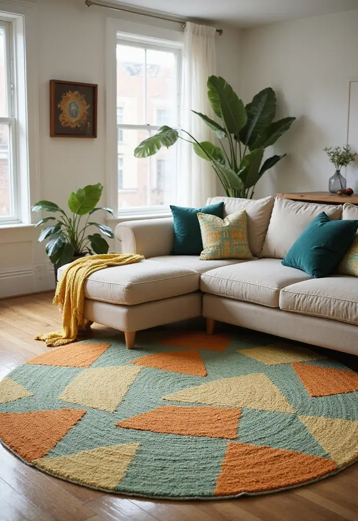 29 Green and Orange Living Room Ideas That Feel Fresh and Vibrant - 6. Vibrant Area Rugs