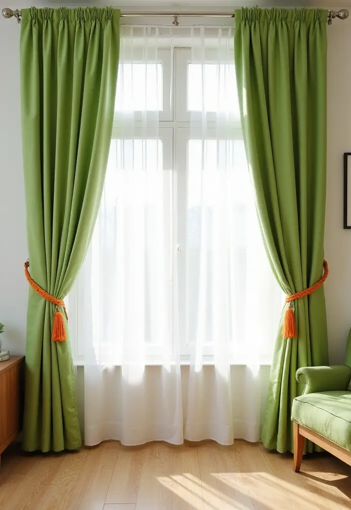 29 Green and Orange Living Room Ideas That Feel Fresh and Vibrant - 7. Fresh Green Curtains