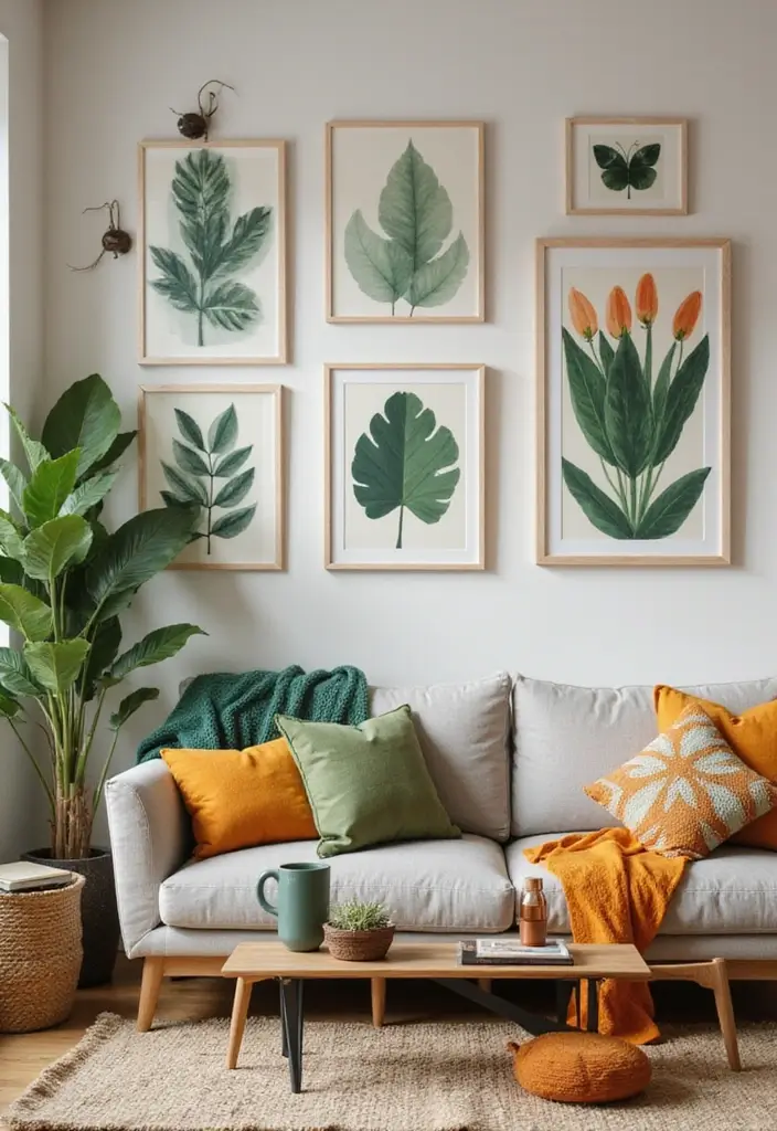 29 Green and Orange Living Room Ideas That Feel Fresh and Vibrant - 9. Nature-Inspired Prints
