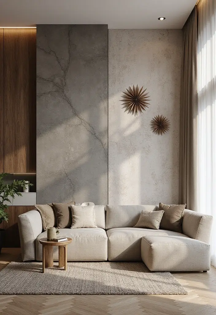 29 Half Wall Living Room Ideas That Define Spaces Beautifully - 10. Layered Textures with Half Wall