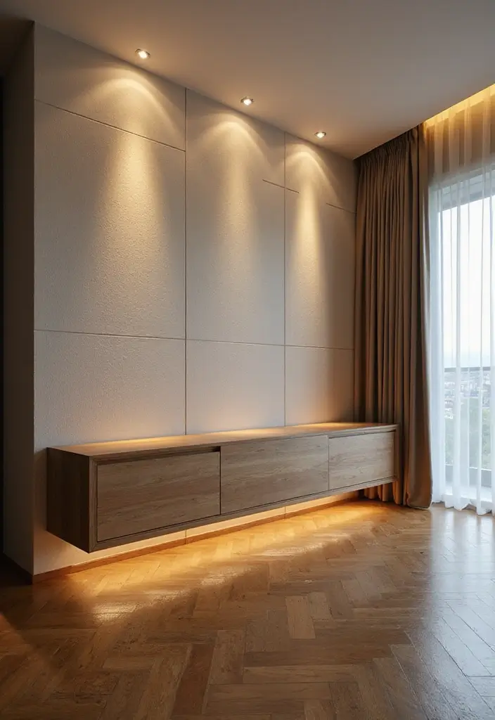 29 Half Wall Living Room Ideas That Define Spaces Beautifully - 11. Half Wall with Recessed Lighting