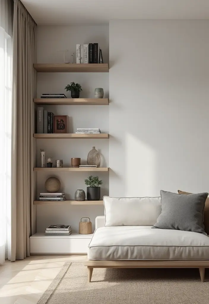 29 Half Wall Living Room Ideas That Define Spaces Beautifully - 13. Floating Shelves on Half Wall