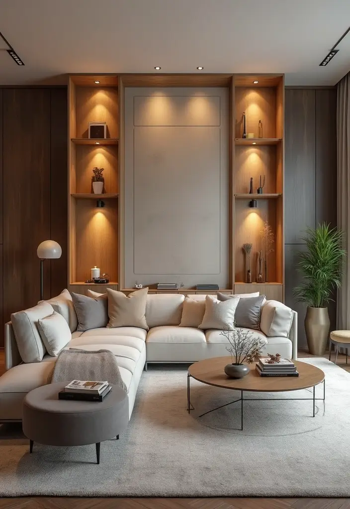 29 Half Wall Living Room Ideas That Define Spaces Beautifully - 14. Half Wall with Built-in Lighting Fixtures