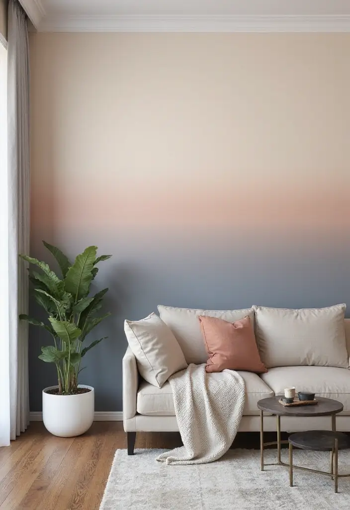 29 Half Wall Living Room Ideas That Define Spaces Beautifully - 15. Painted Half Wall with Ombre Effect