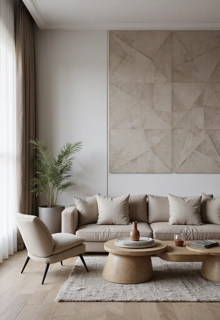 29 Half Wall Living Room Ideas That Define Spaces Beautifully - 16. Geometric Half Wall Design