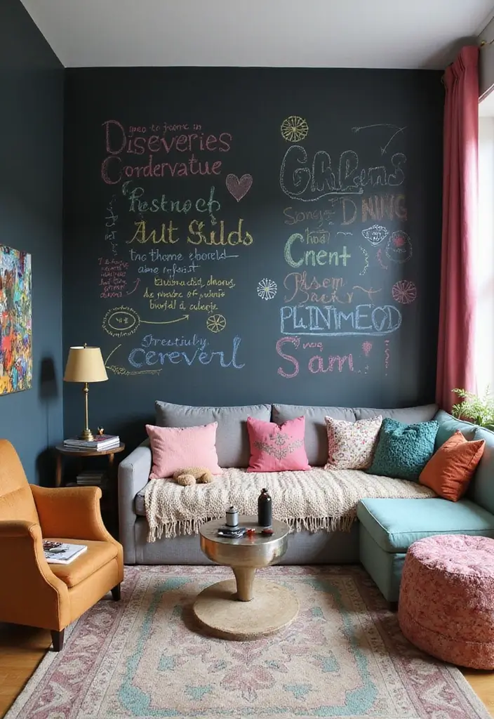 29 Half Wall Living Room Ideas That Define Spaces Beautifully - 17. Half Wall with Chalkboard Paint