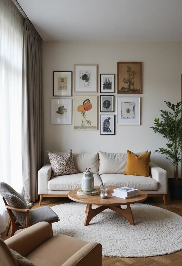 29 Half Wall Living Room Ideas That Define Spaces Beautifully - 18. Half Wall with Artwork Gallery