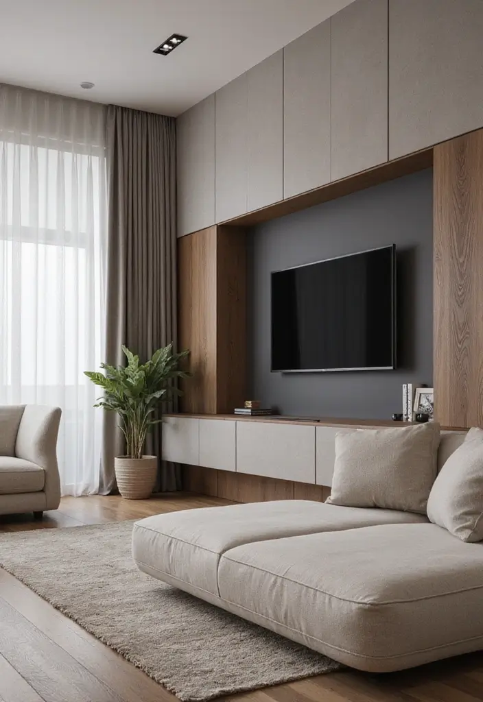 29 Half Wall Living Room Ideas That Define Spaces Beautifully - 19. Half Wall with Integrated Technology