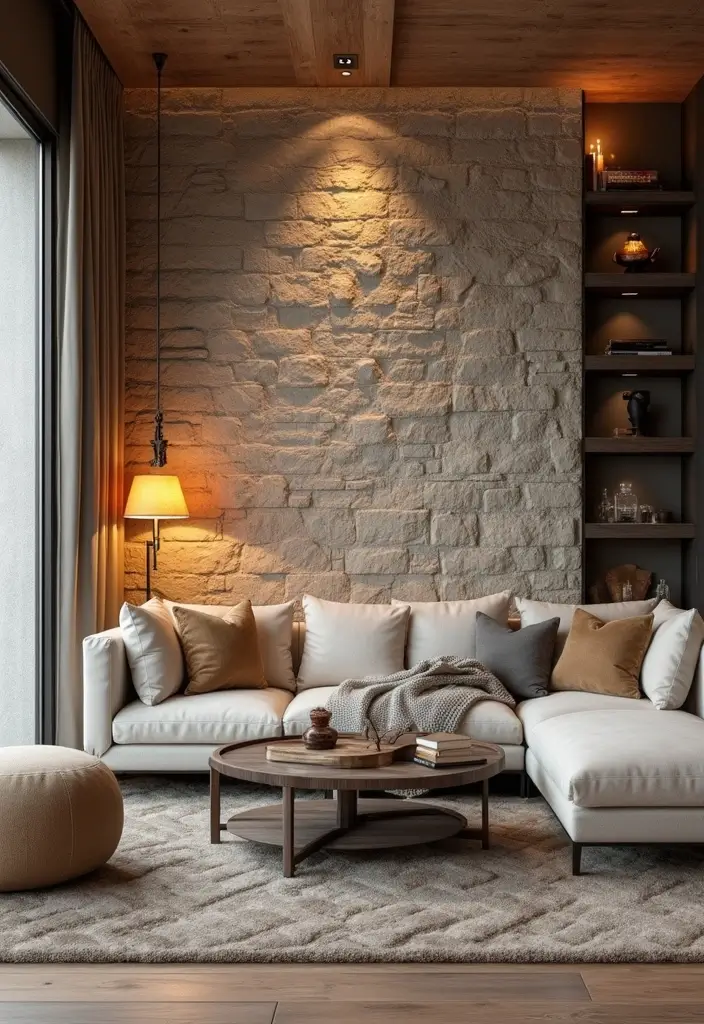 29 Half Wall Living Room Ideas That Define Spaces Beautifully - 2. Textured Half Wall with Stone Finish
