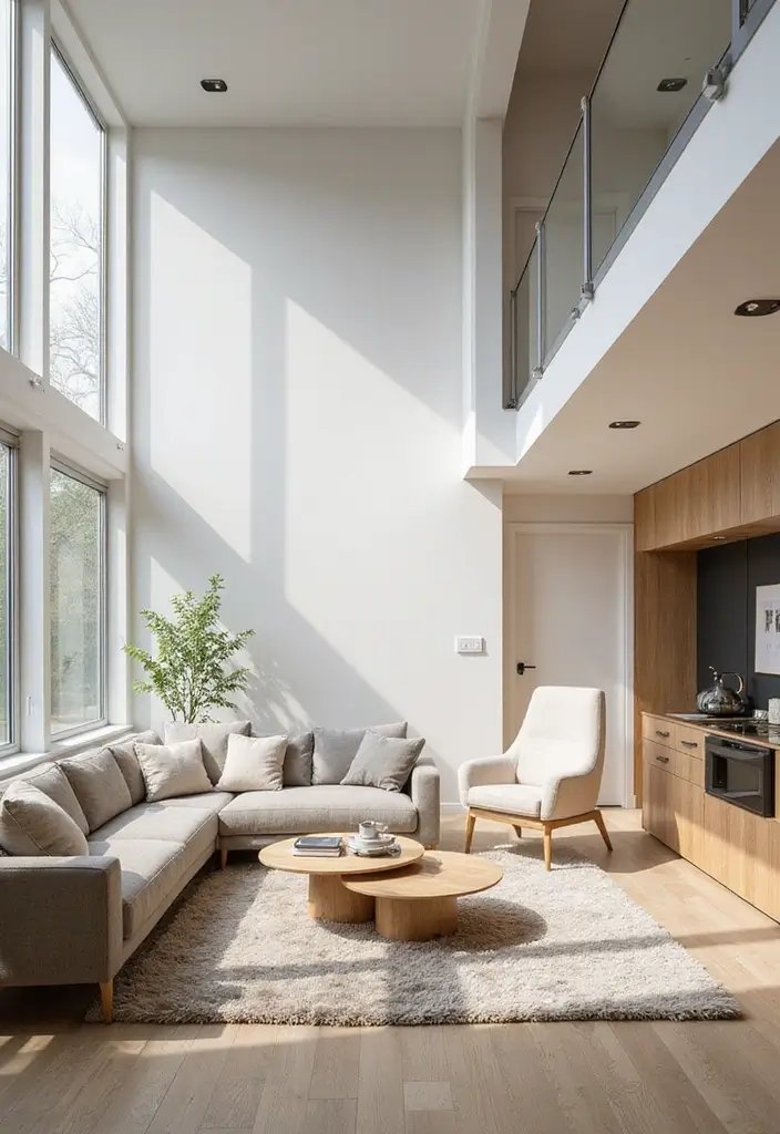 29 Half Wall Living Room Ideas That Define Spaces Beautifully - 20. Half Wall with large Windows