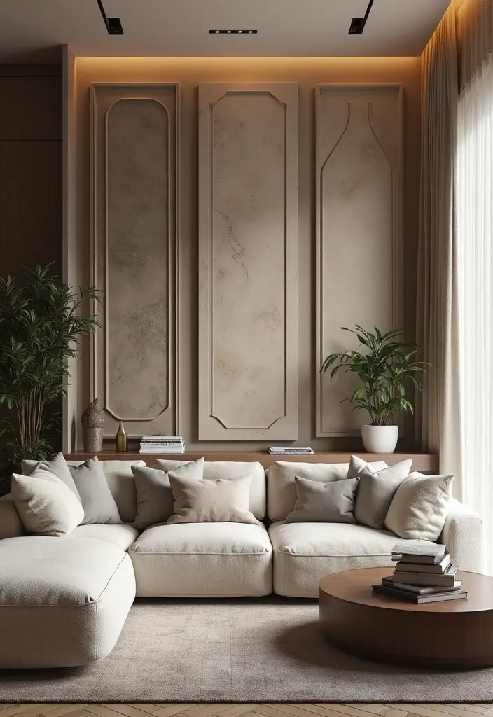 29 Half Wall Living Room Ideas That Define Spaces Beautifully - 21. Half Wall with Decorative Panels