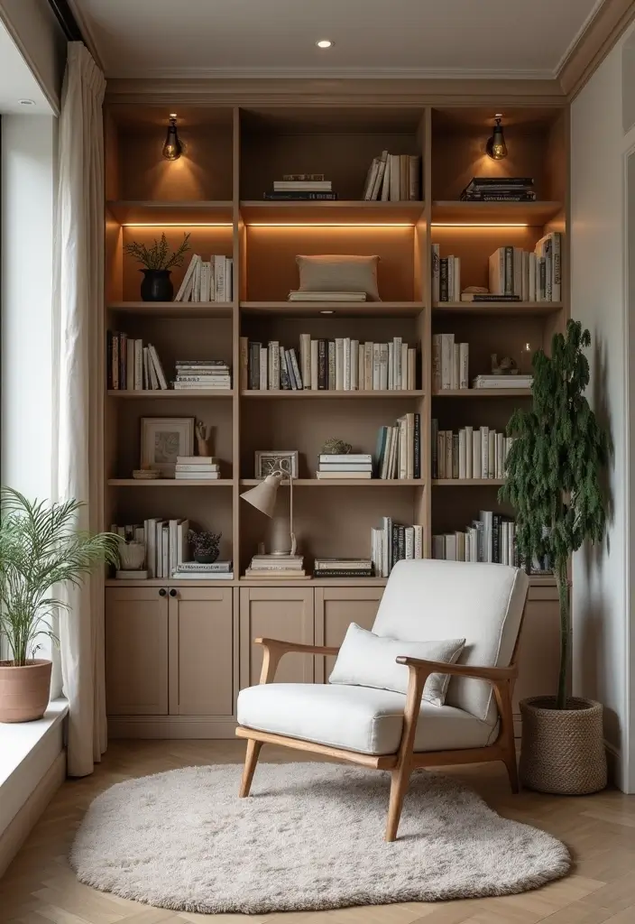 29 Half Wall Living Room Ideas That Define Spaces Beautifully - 22. Half Wall with Book Nook