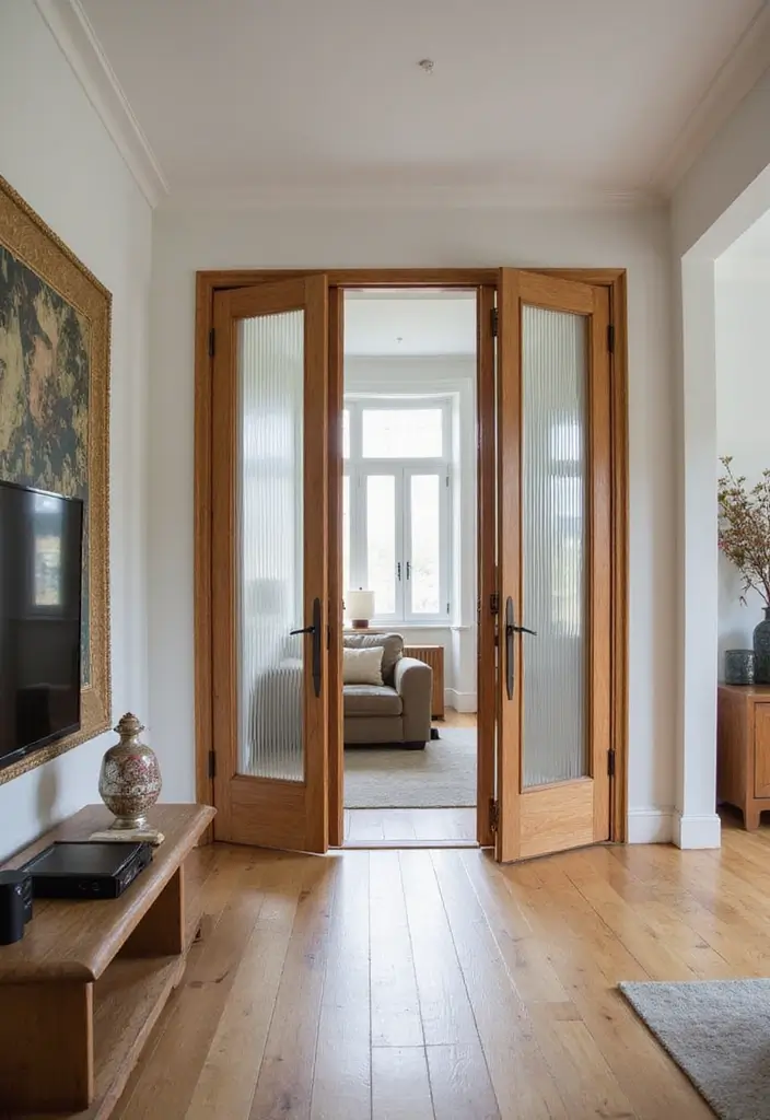 29 Half Wall Living Room Ideas That Define Spaces Beautifully - 24. Half Wall with Folding Doors