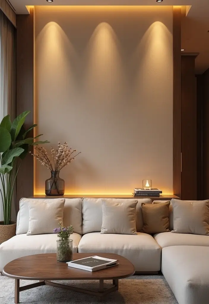 29 Half Wall Living Room Ideas That Define Spaces Beautifully - 25. Half Wall with Accent Lighting