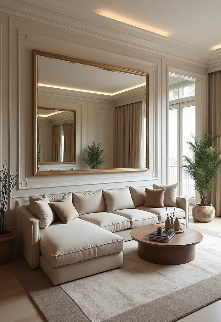 29 Half Wall Living Room Ideas That Define Spaces Beautifully - 26. Half Wall with Mirrors