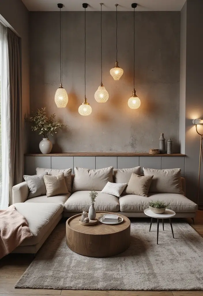 29 Half Wall Living Room Ideas That Define Spaces Beautifully - 29. Half Wall with Pendant Lighting