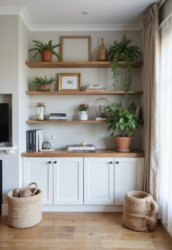 29 Half Wall Living Room Ideas That Define Spaces Beautifully - 3. Half Wall with Built-in Shelves