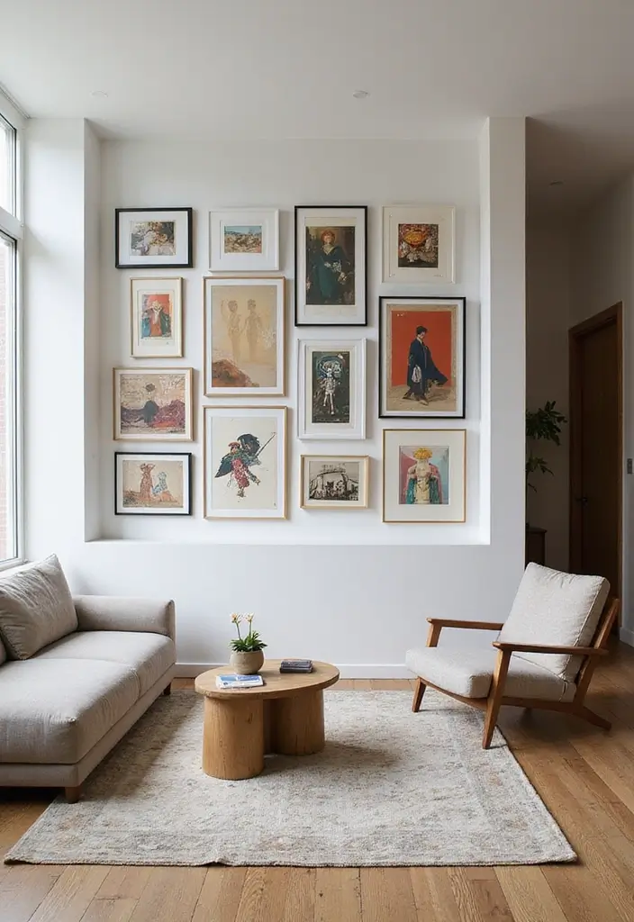 29 Half Wall Living Room Ideas That Define Spaces Beautifully - 4. Half Wall as a Divider with Art