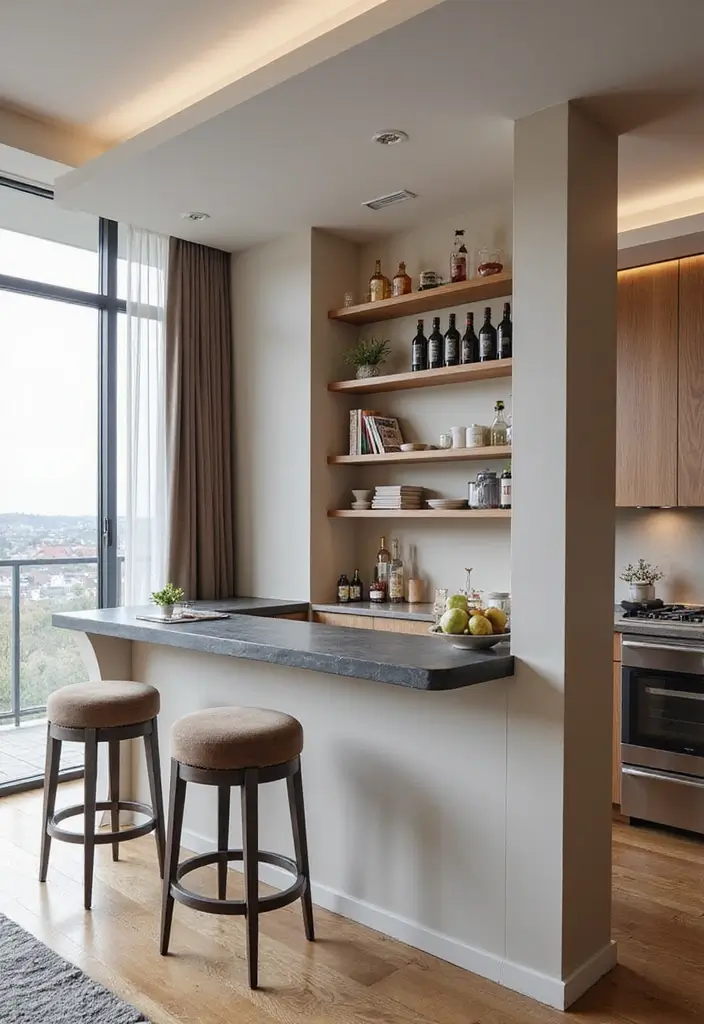 29 Half Wall Living Room Ideas That Define Spaces Beautifully - 5. Half Wall with a Bar Nook