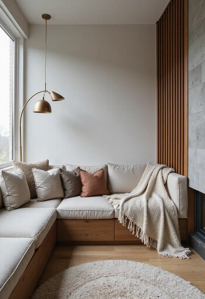 29 Half Wall Living Room Ideas That Define Spaces Beautifully - 9. Half Wall with Integrated Seating