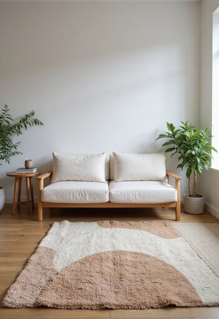 29 Japandi Sofa Living Room Ideas That Feel Minimal and Peaceful - 11. Layered Rugs for Depth