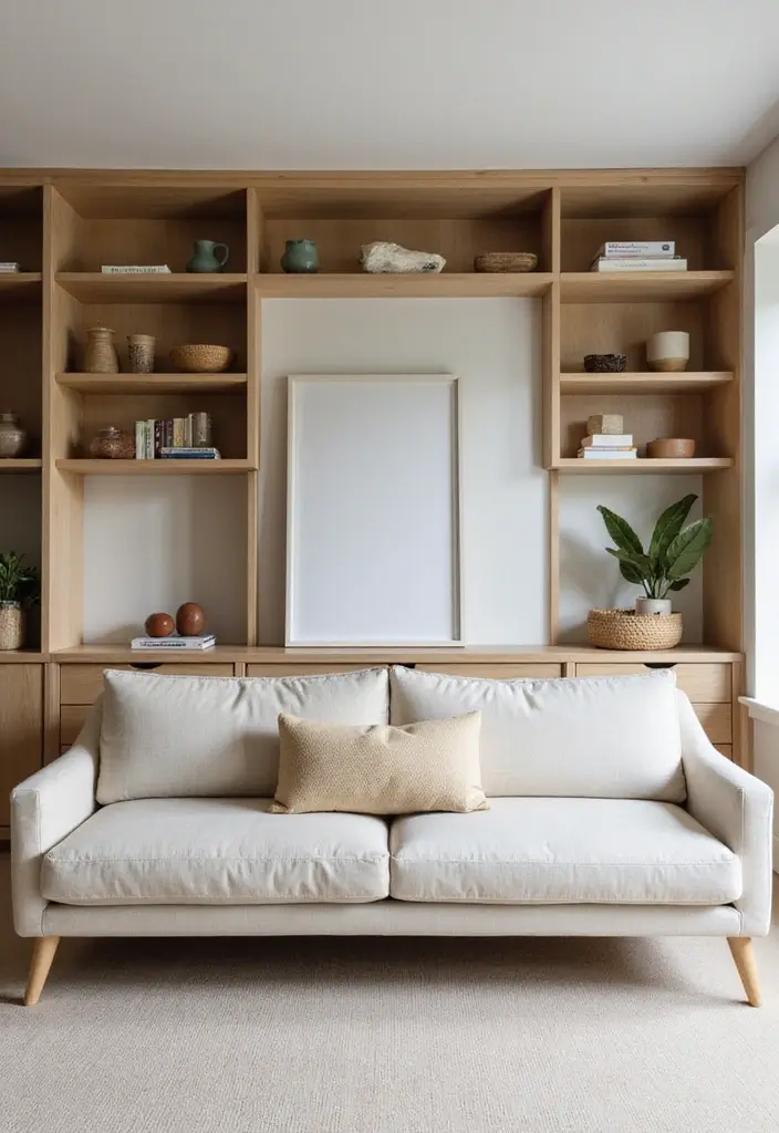 29 Japandi Sofa Living Room Ideas That Feel Minimal and Peaceful - 13. Smart Storage Solutions
