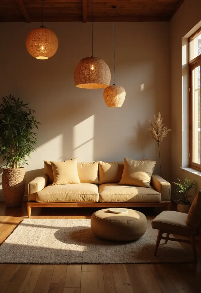 29 Japandi Sofa Living Room Ideas That Feel Minimal and Peaceful - 14. Soft Ambient Lighting