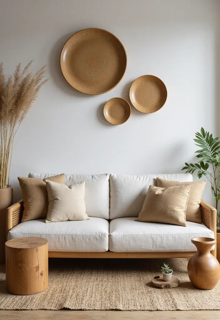 29 Japandi Sofa Living Room Ideas That Feel Minimal and Peaceful - 15. Nature-Inspired Accents