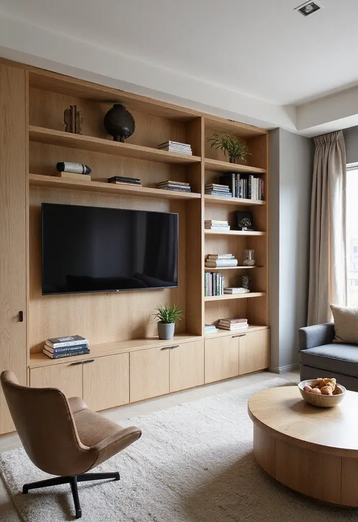 29 Japandi Sofa Living Room Ideas That Feel Minimal and Peaceful - 18. Opting for Built-In Furniture