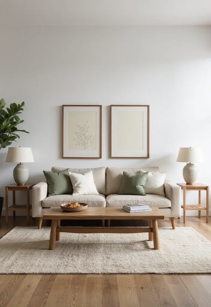 29 Japandi Sofa Living Room Ideas That Feel Minimal and Peaceful - 19. Play with Symmetry