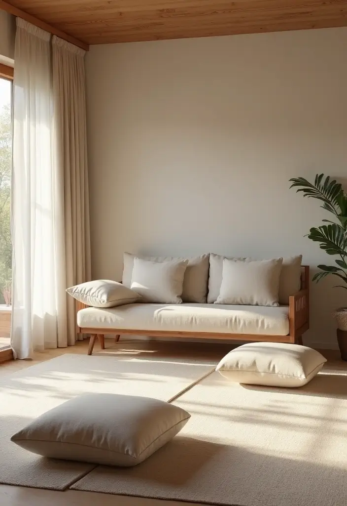 29 Japandi Sofa Living Room Ideas That Feel Minimal and Peaceful - 2. Japanese-Inspired Low Seating