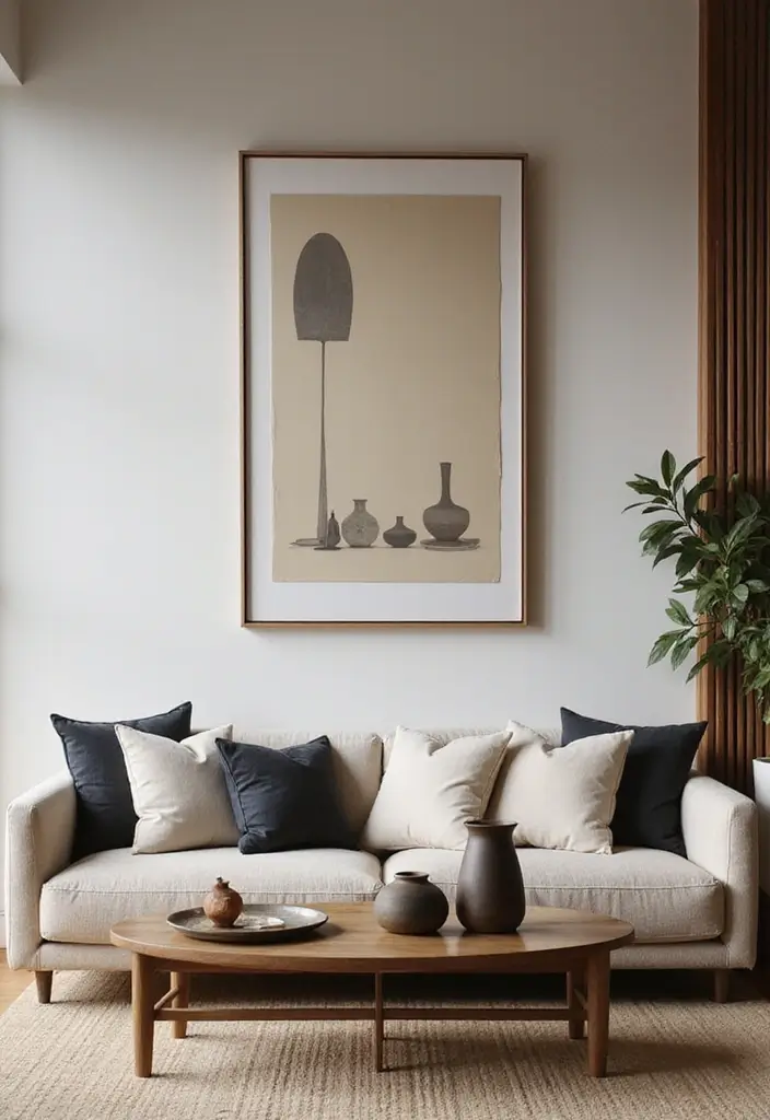 29 Japandi Sofa Living Room Ideas That Feel Minimal and Peaceful - 20. Accent with Japanese Ceramics