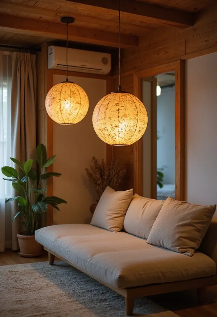 29 Japandi Sofa Living Room Ideas That Feel Minimal and Peaceful - 25. Artistic Lighting Fixtures
