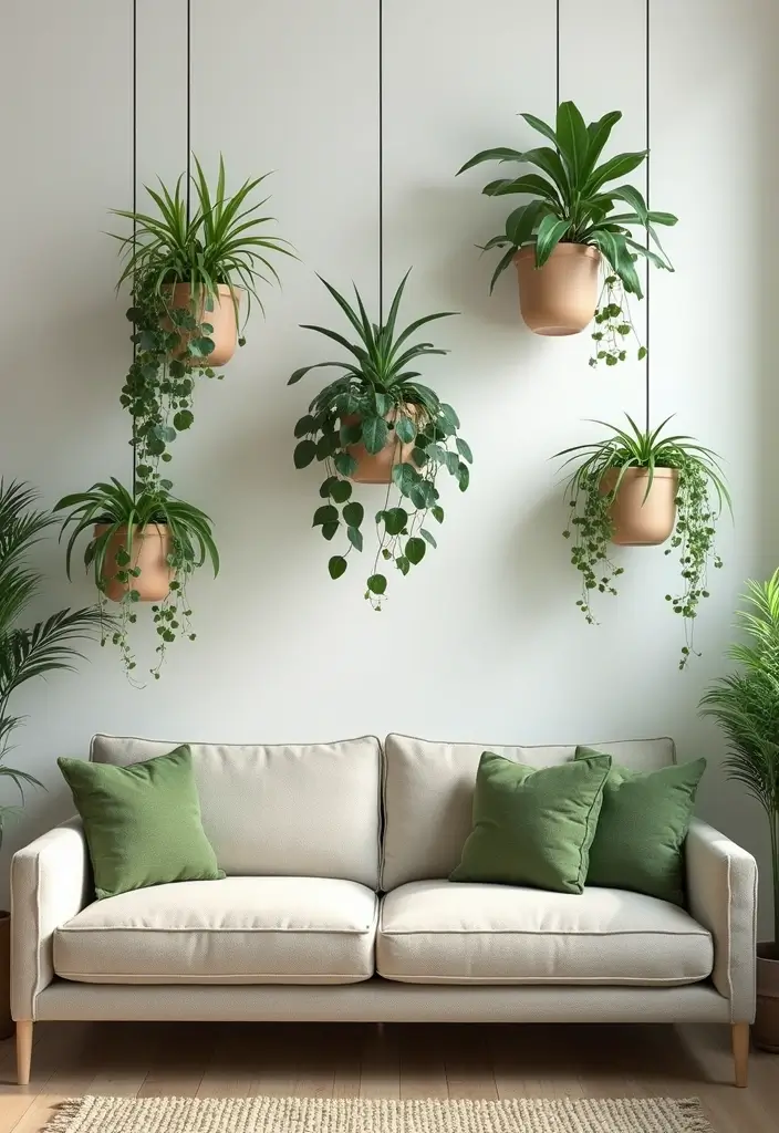 29 Japandi Sofa Living Room Ideas That Feel Minimal and Peaceful - 27. Elevated Plant Displays