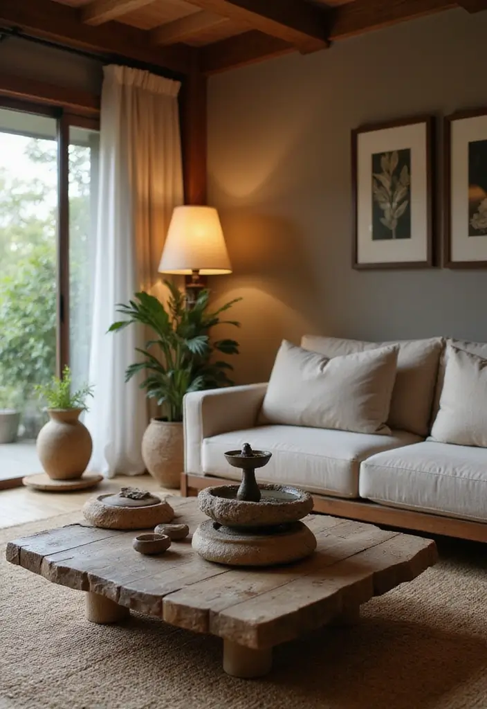 29 Japandi Sofa Living Room Ideas That Feel Minimal and Peaceful - 3. Zen Elements for Calm Vibes