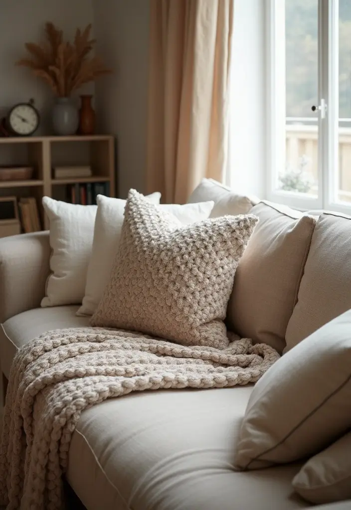 29 Japandi Sofa Living Room Ideas That Feel Minimal and Peaceful - 6. Cozy Textures for Comfort