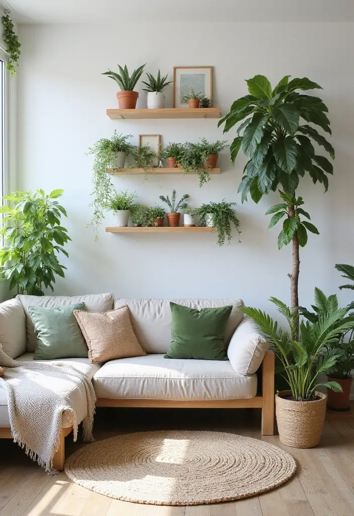 29 Japandi Sofa Living Room Ideas That Feel Minimal and Peaceful - 8. Greenery for Freshness