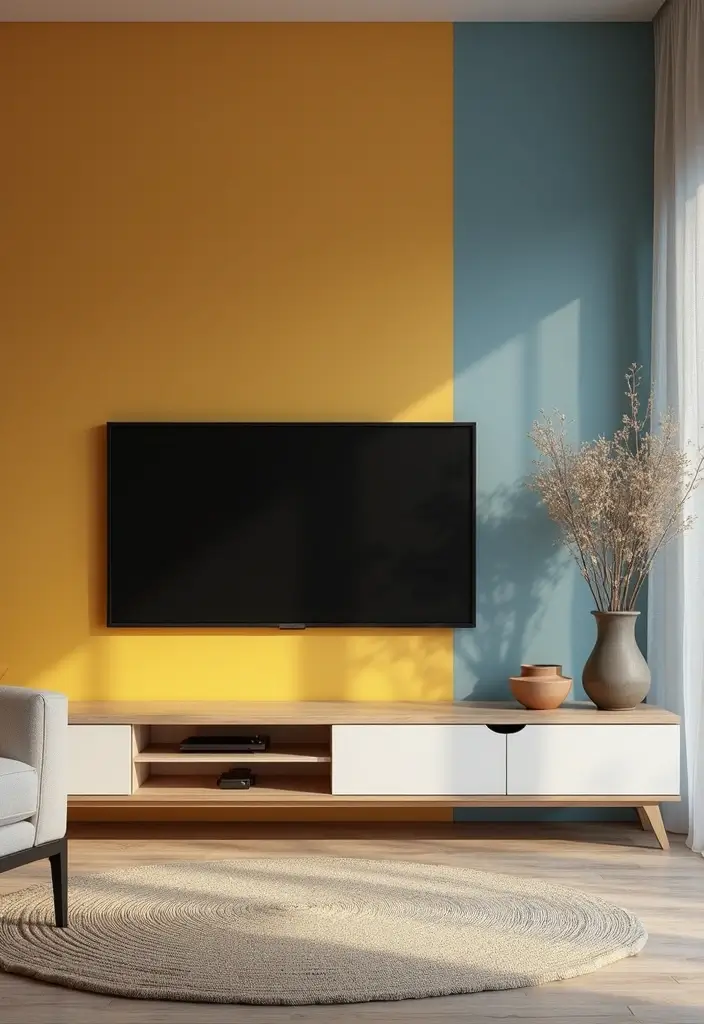 29 Living Room Accent Wall Ideas With TV That Look Smart and Modern - 1. Bold Color Block