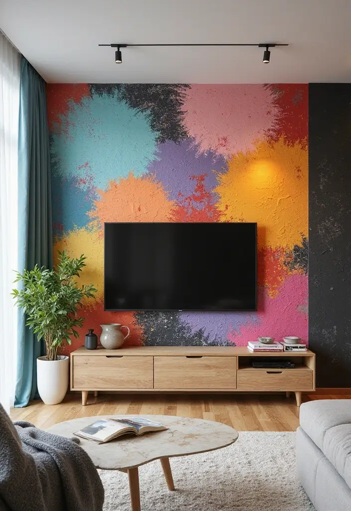 29 Living Room Accent Wall Ideas With TV That Look Smart and Modern - 16. Colorful Murals