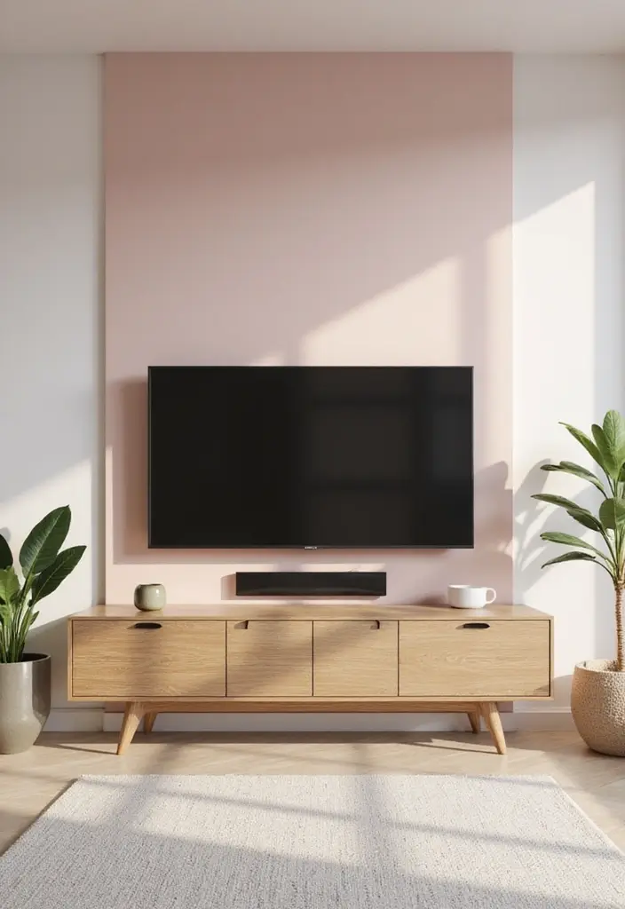 29 Living Room Accent Wall Ideas With TV That Look Smart and Modern - 18. Soft Pastels