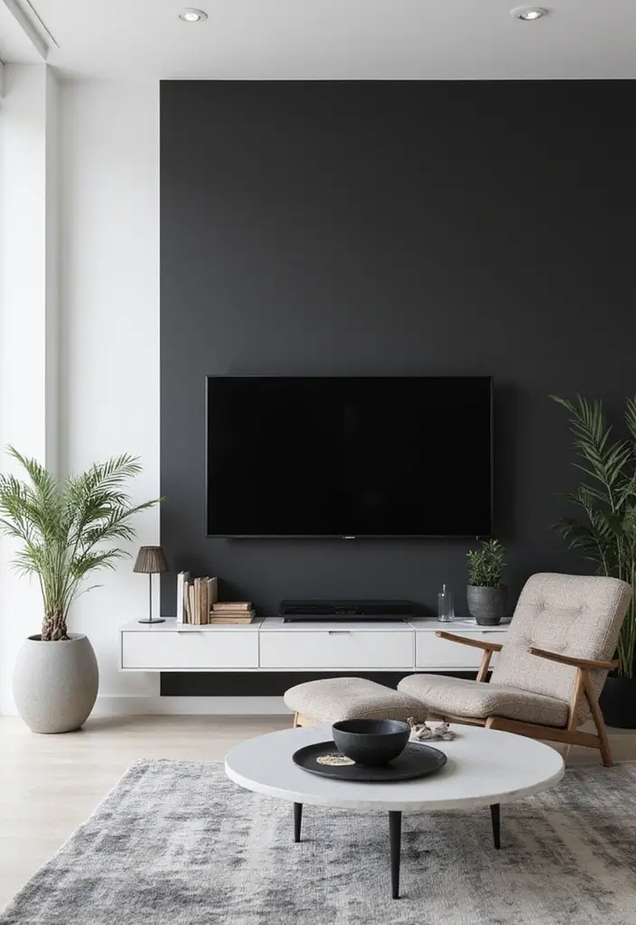 29 Living Room Accent Wall Ideas With TV That Look Smart and Modern - 19. Black and White Themes