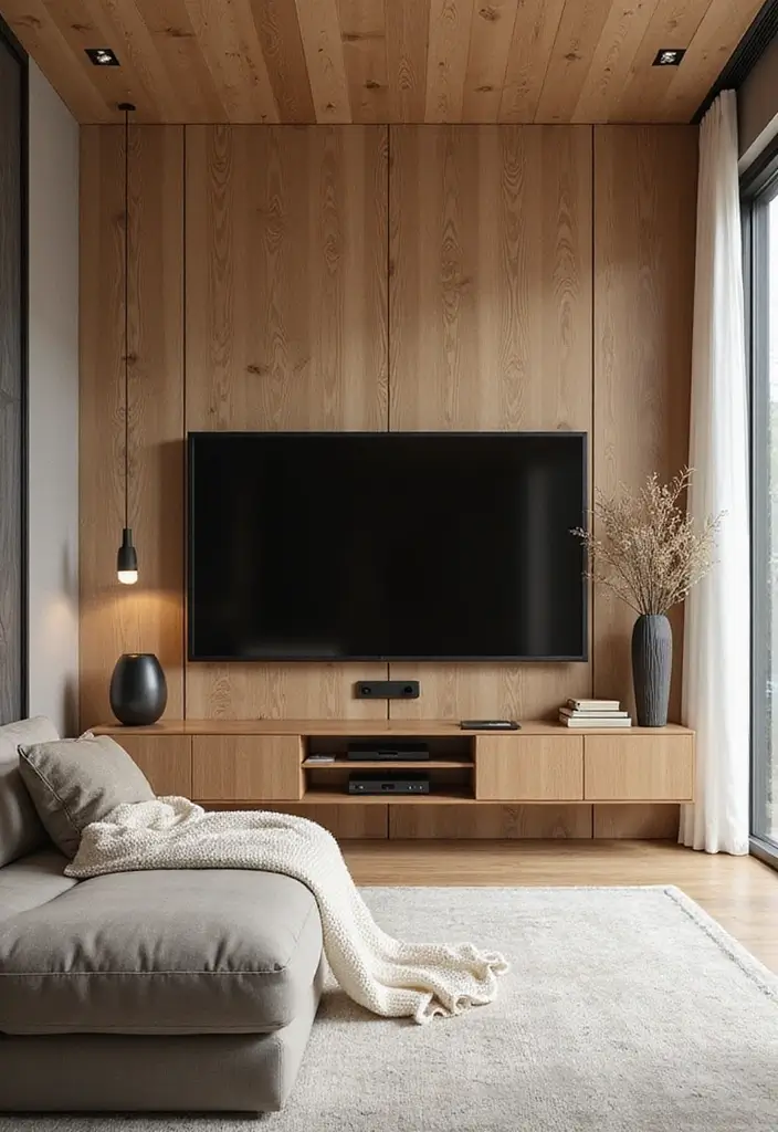29 Living Room Accent Wall Ideas With TV That Look Smart and Modern - 2. Textured Wood Panels