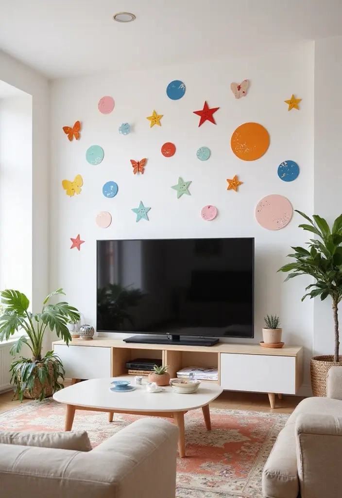 29 Living Room Accent Wall Ideas With TV That Look Smart and Modern - 20. Artistic Wall Decals