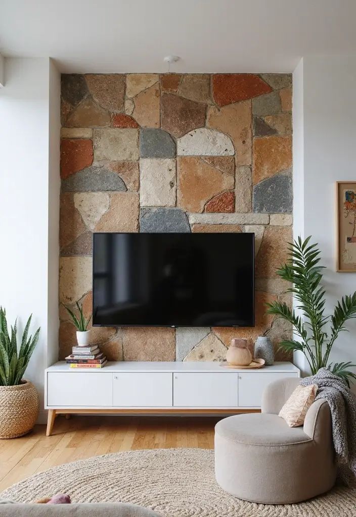29 Living Room Accent Wall Ideas With TV That Look Smart and Modern - 21. Repurposed Materials