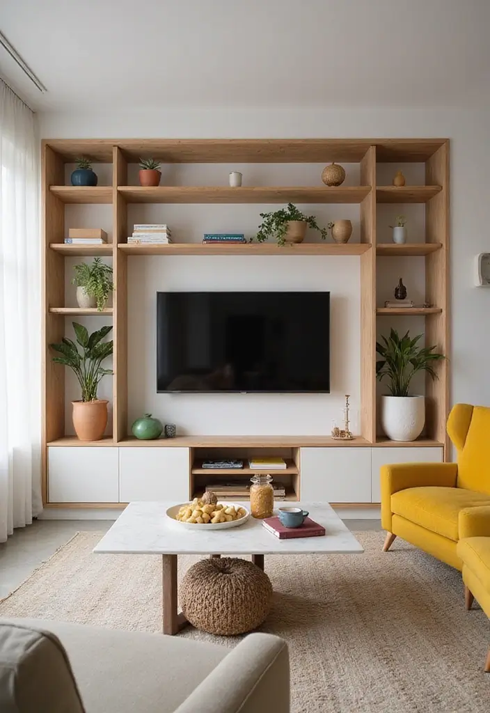 29 Living Room Accent Wall Ideas With TV That Look Smart and Modern - 24. Open Shelving