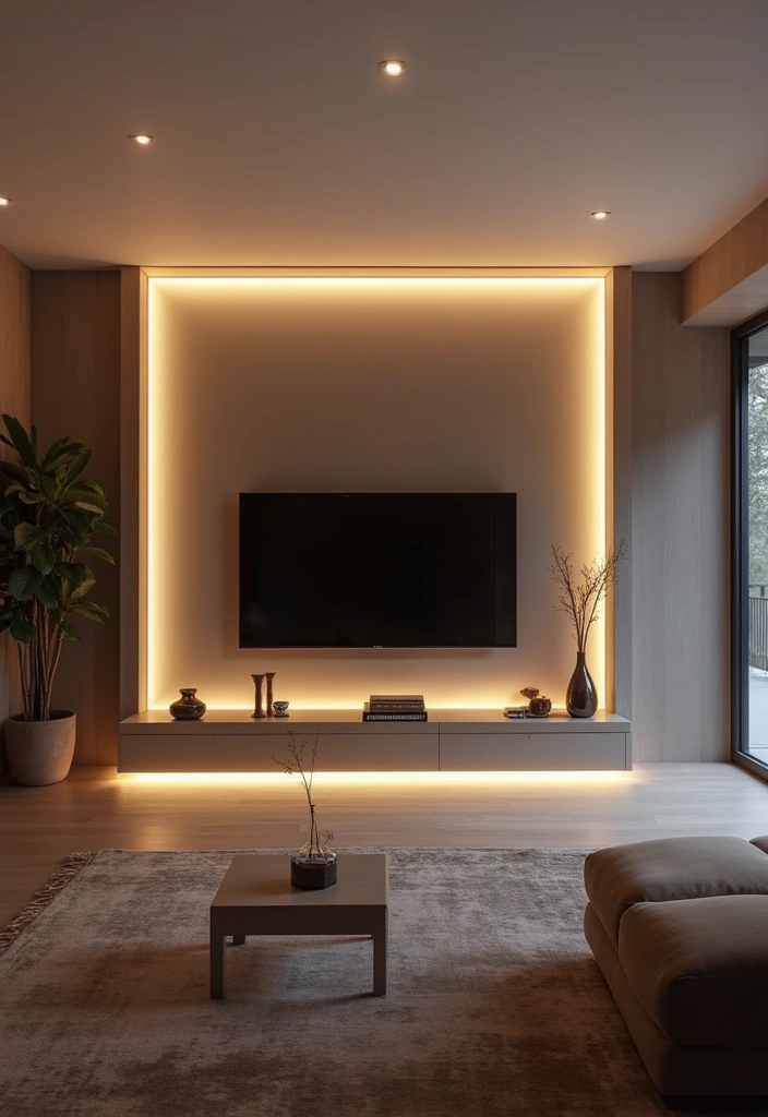 29 Living Room Accent Wall Ideas With TV That Look Smart and Modern - 26. Creative Lighting Designs