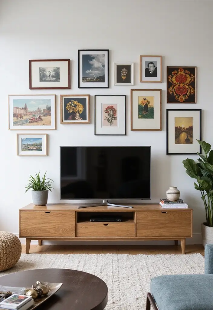 29 Living Room Accent Wall Ideas With TV That Look Smart and Modern - 27. Eclectic Gallery Wall