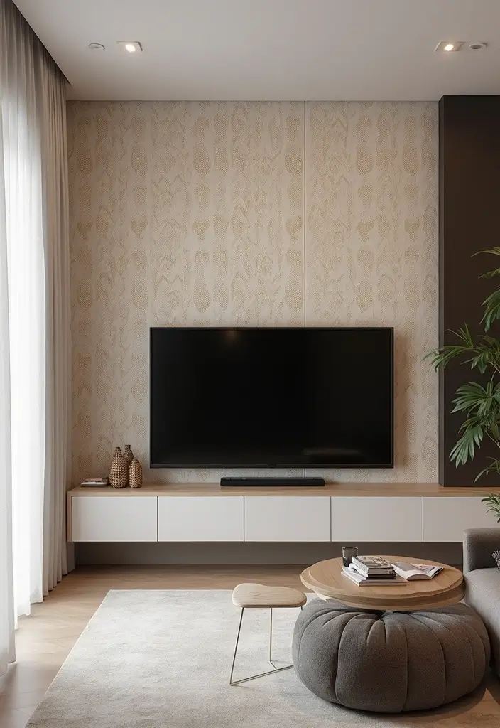 29 Living Room Accent Wall Ideas With TV That Look Smart and Modern - 3. Elegant Wallpaper