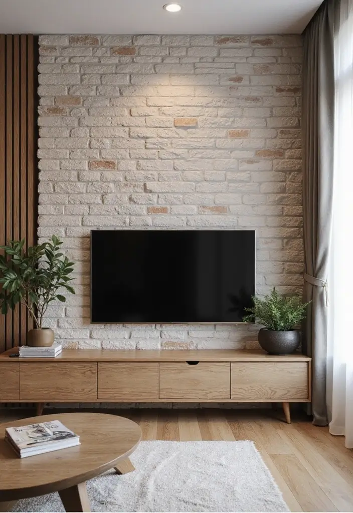 29 Living Room Accent Wall Ideas With TV That Look Smart and Modern - 5. Stone or Brick Accents
