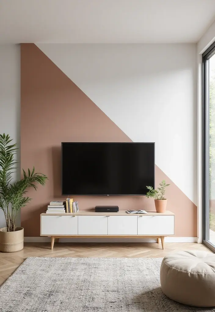29 Living Room Accent Wall Ideas With TV That Look Smart and Modern - 8. Painted Geometric Designs